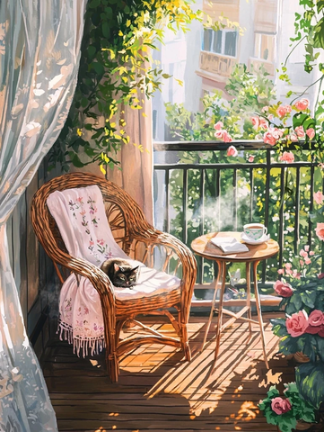 阳台阳光绿植猫与花茶