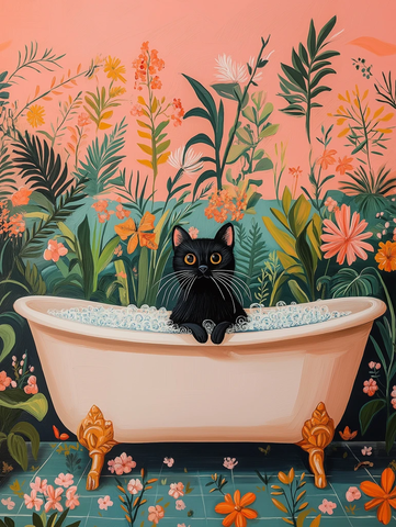 猫狗泡泡浴热带植物插画