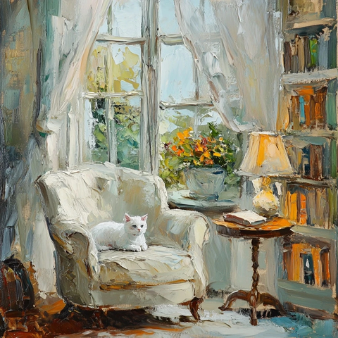 奶油椅白猫窗花油画书架