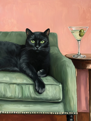 黑猫卧于绿色绒面沙发