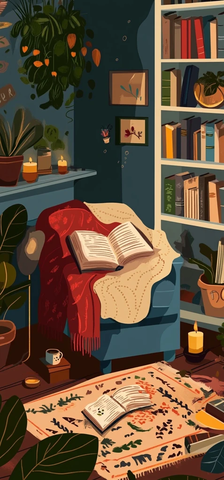 阅读角落书籍茶杯植物