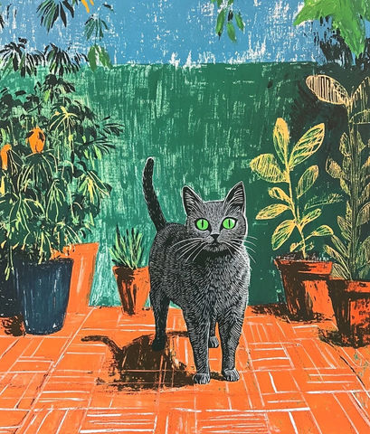 灰猫绿眼砖地板植物墙