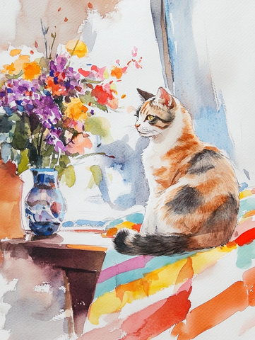 短毛三花猫桌子窗台花瓶