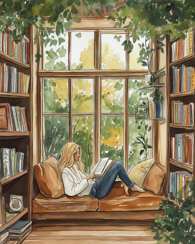 女孩窗边读书水彩插画