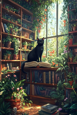 黑猫坐书上周围植物环绕