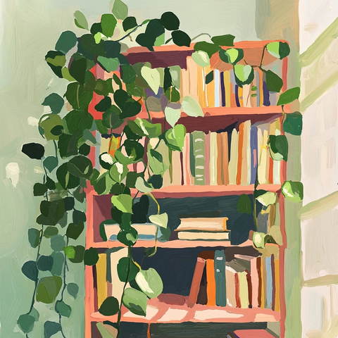 书架绿植光影交错