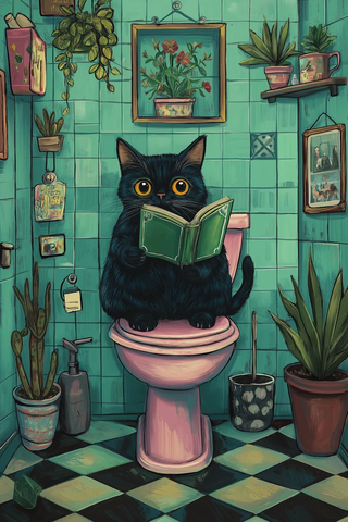黑猫读绿书坐粉色马桶