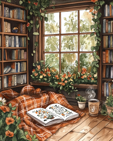 书架阅读角与窗边书本