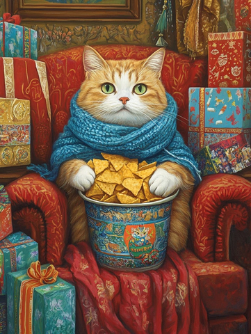 猫戴蓝围巾坐红沙发