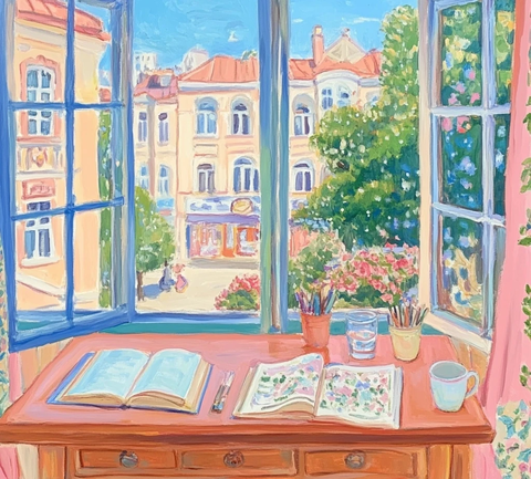 窗前书桌与街道风景