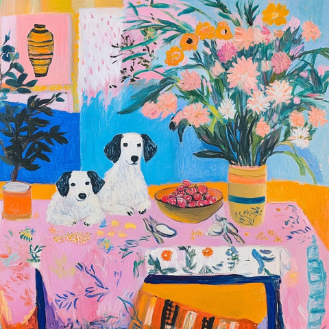 春日餐桌与牧羊犬