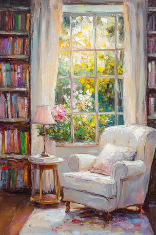 白椅窗边花瓶书架油画