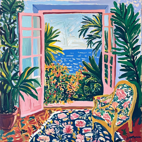 阳光房窗景海蓝地毯花椅