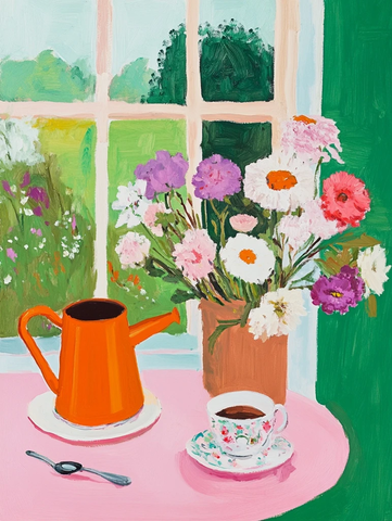 橙色水壶花朵与咖啡杯绿墙