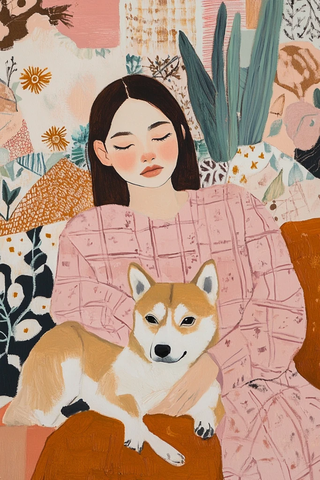 粉色衣女子与柴犬沙发坐