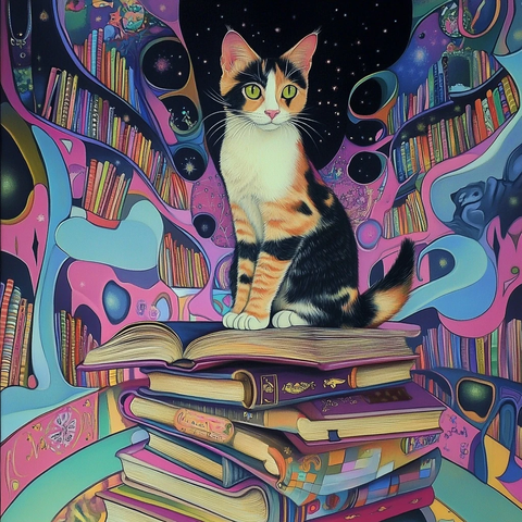 猫图书馆书籍堆