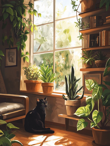 午后阳光下的植物与黑猫