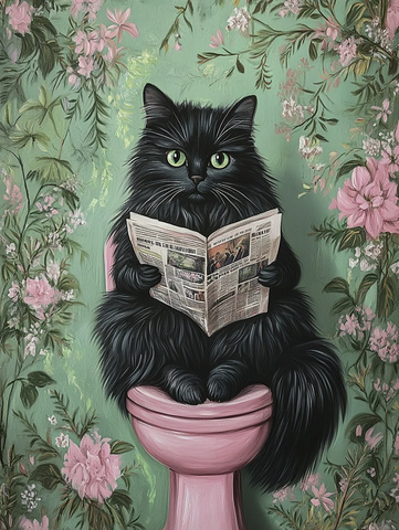 黑猫坐马桶读报纸绿粉浴室