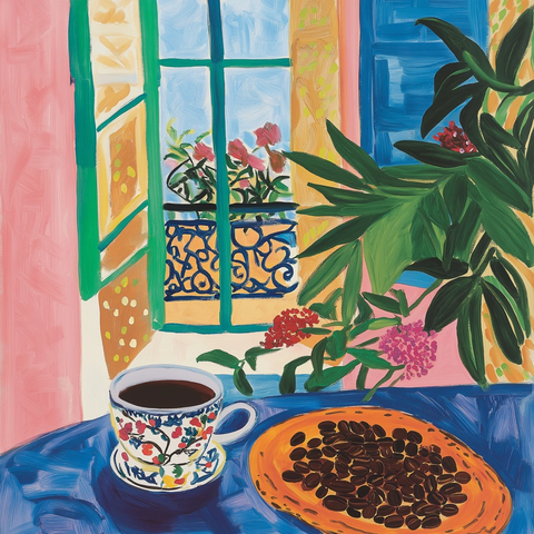 咖啡豆与鲜花静物画