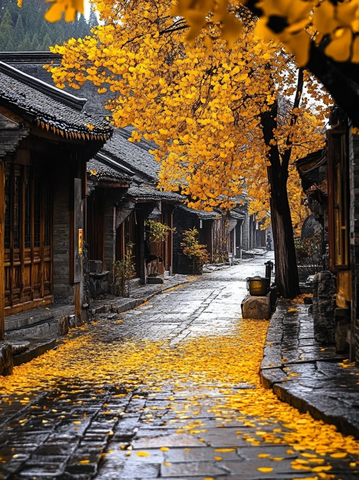 黄叶飘落的古镇小巷