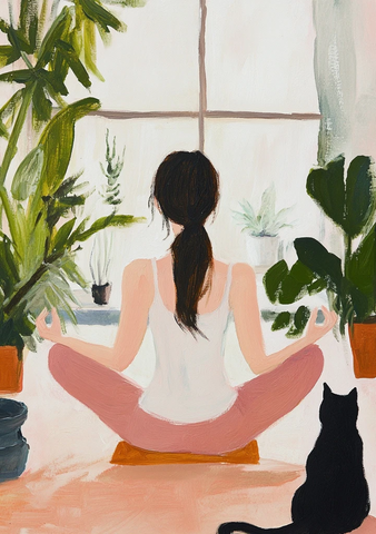 瑜伽女子与黑猫植物静谧画