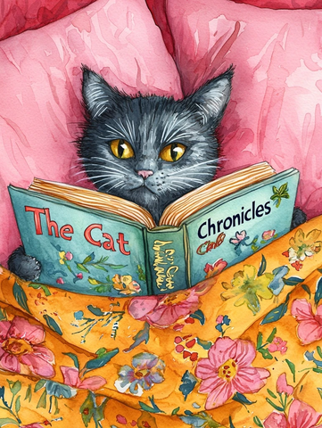 黑猫读书记花床单与粉背景