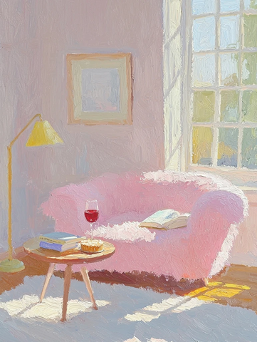 木纹油画粉色沙发与书香角落