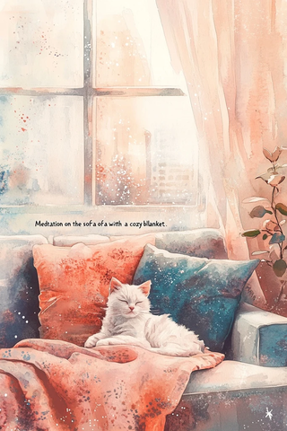 沙发上的冥想与温暖毯子