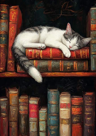 猫睡书架画作背景