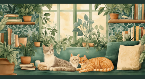 猫咪书房与植物插画