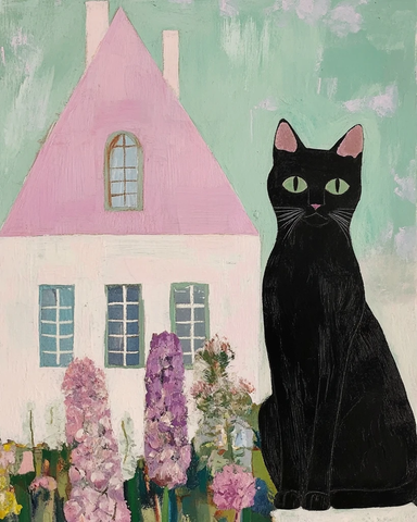 猫屋顶纸雕油笔素描