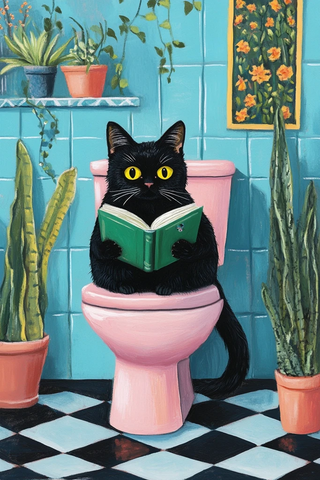 黑猫黄眼坐粉马桶读绿书