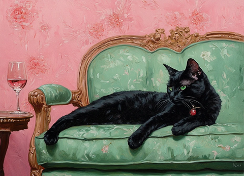 黑猫绿沙发粉墙红酒