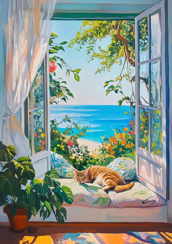 风动窗帘猫卧窗台花影