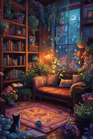 魔法阅读角落植物茶猫