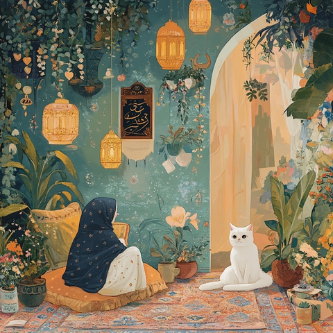 祈祷少女与猫的梦幻挂毯