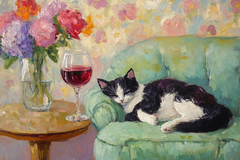 黑白猫绿沙发红酒花瓶画