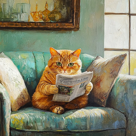 橘猫饮茶读报沙发一角