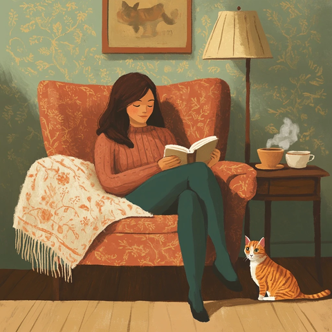 女子与猫在扶手椅读书