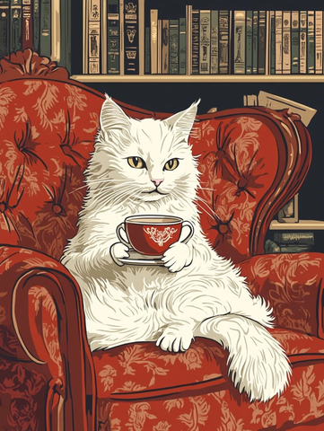 白猫坐沙发饮咖啡