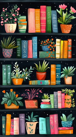 书架盆栽彩书插画