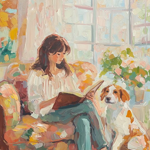 女子沙发阅读澳洲牧羊犬陪伴