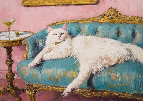 白猫蓝金沙发粉墙画作
