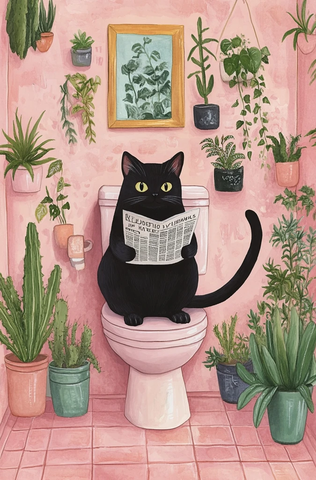 黑猫读报纸坐马桶