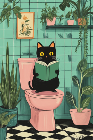 黑猫黄眼读绿书粉红马桶