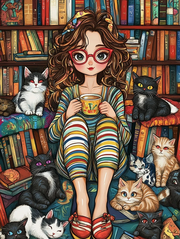 红眼镜女子与猫咪图书馆
