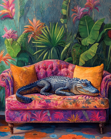 鳄鱼睡在彩色沙发与绿植