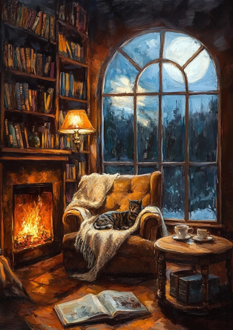 温暖客厅壁炉猫茶杯书架