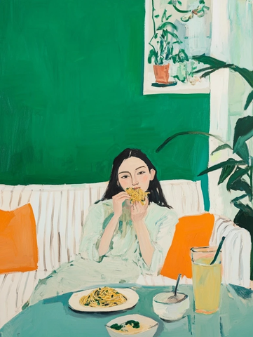 女人沙发吃面绿色背景