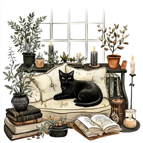 阅读角落植物书籍黑猫